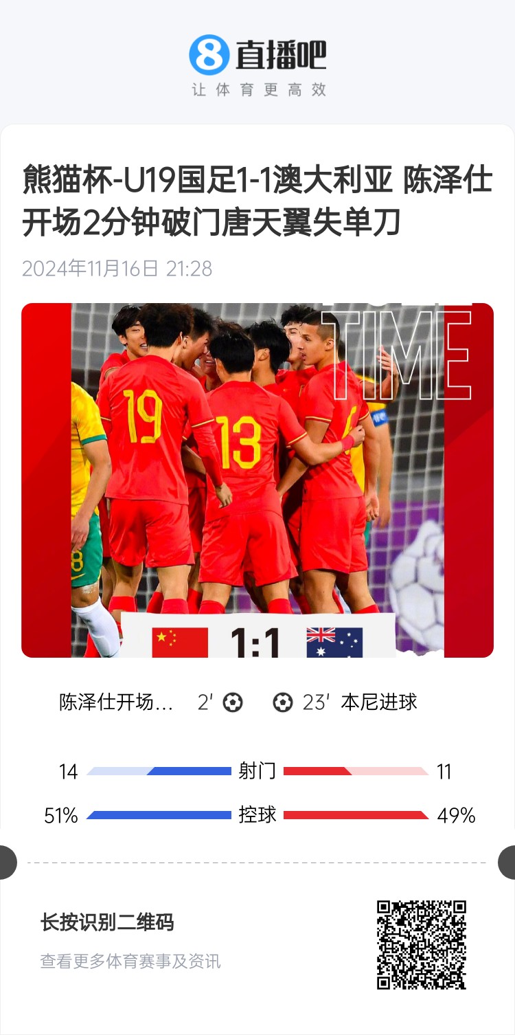  二番戰(zhàn)！U20國(guó)青與澳大利亞去年熊貓杯剛有過(guò)交手，雙方1-1戰(zhàn)平