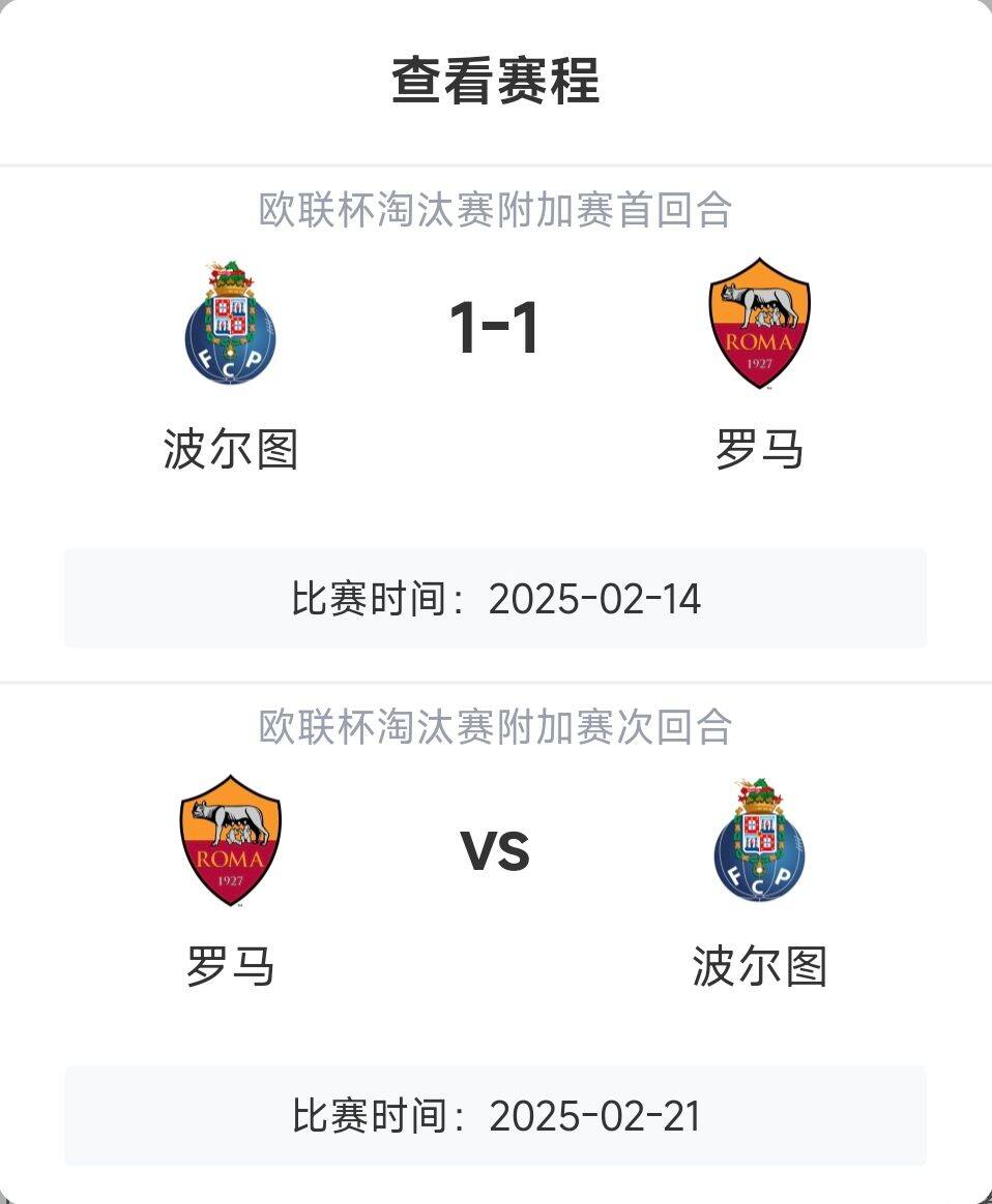  羅馬頂?shù)米幔恳饧讱W戰(zhàn)8隊3隊直通4隊出局，羅馬首回合1-1波爾圖