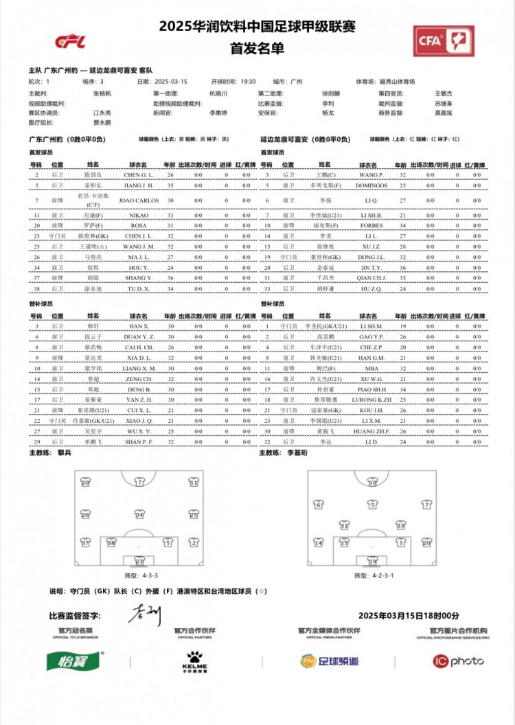 廣州豹vs延邊龍鼎首發(fā)：卡洛斯、羅薩、尼康三外援領(lǐng)銜廣州豹